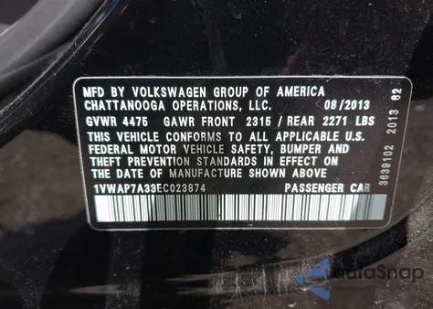 2014 Volkswagen Passat 2.5L S z USA, uszkodzony, nr VIN 1VWAP7A33EC023874
